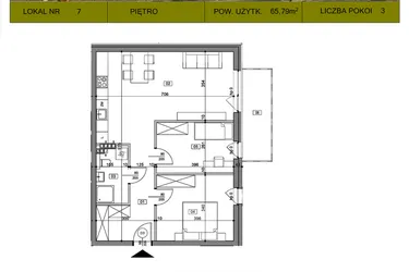 Rzut - Mieszkanie na sprzedaż 3 pokoje o powierzchni 65,79 m² - numer 7 w Osiedle Księżnej Dąbrówki: Gościniec