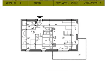 Rzut - Mieszkanie na sprzedaż 3 pokoje o powierzchni 57,24 m² - numer 9 w Osiedle Księżnej Dąbrówki: Gościniec