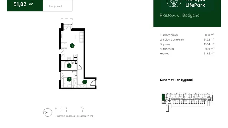 Rzut - Mieszkanie na sprzedaż 2 pokoje o powierzchni 51,82 m² - numer 1.A.0.01 w Murapol LifePark