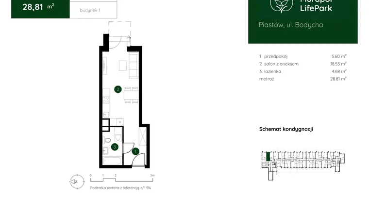 Rzut - Mieszkanie na sprzedaż 1 pokój o powierzchni 28,81 m² - numer 1.A.0.02 w Murapol LifePark