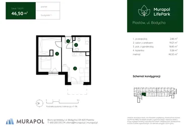 Rzut - Mieszkanie na sprzedaż 2 pokoje o powierzchni 46,5 m² - numer 1.A.0.11 w Murapol LifePark