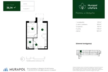 Rzut - Mieszkanie na sprzedaż 2 pokoje o powierzchni 38,14 m² - numer 1.A.0.04 w Murapol LifePark