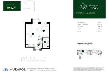 Rzut - Mieszkanie na sprzedaż 2 pokoje o powierzchni 40,52 m² - numer 1.A.0.05 w Murapol LifePark