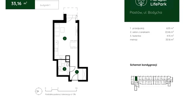 Rzut - Mieszkanie na sprzedaż 1 pokój o powierzchni 33,16 m² - numer 1.A.0.03 w Murapol LifePark
