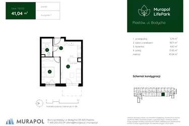 Rzut - Mieszkanie na sprzedaż 2 pokoje o powierzchni 41,04 m² - numer 1.B.0.02 w Murapol LifePark