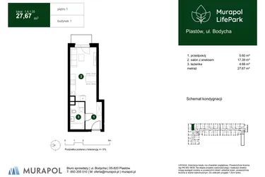 Rzut - Mieszkanie na sprzedaż 1 pokój o powierzchni 27,67 m² - numer 1.A.1.05 w Murapol LifePark