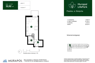 Rzut - Mieszkanie na sprzedaż 1 pokój o powierzchni 32,02 m² - numer 1.A.3.06 w Murapol LifePark