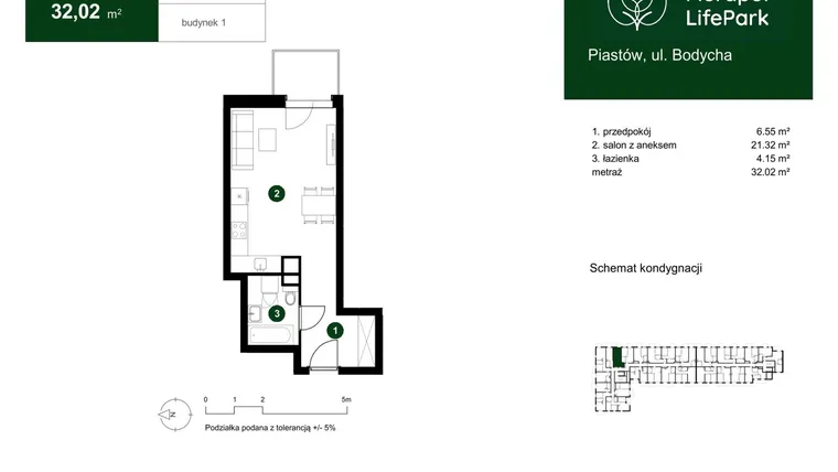 Rzut - Mieszkanie na sprzedaż 1 pokój o powierzchni 32,02 m² - numer 1.A.3.06 w Murapol LifePark