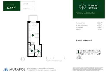 Rzut - Mieszkanie na sprzedaż 1 pokój o powierzchni 27,67 m² - numer 1.A.5.05 w Murapol LifePark