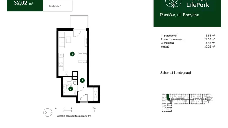 Rzut - Mieszkanie na sprzedaż 1 pokój o powierzchni 32,02 m² - numer 1.A.2.06 w Murapol LifePark