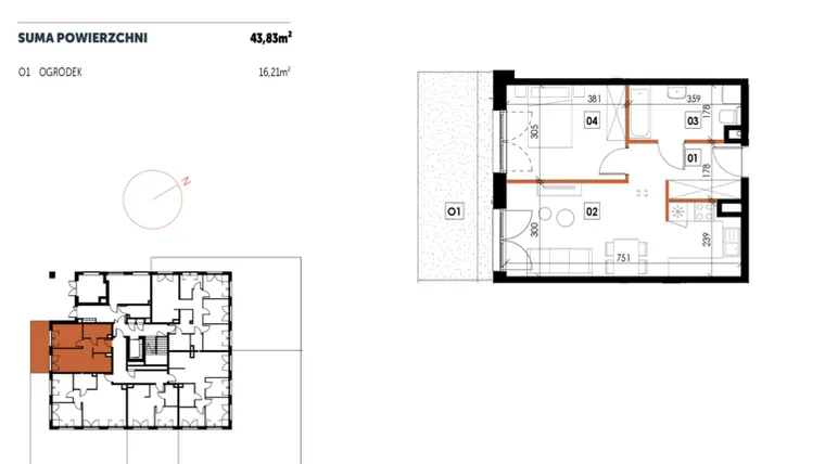 Rzut - Mieszkanie na sprzedaż 2 pokoje o powierzchni 43,83 m² - numer C01 w Osiedle Strefa Komfortu