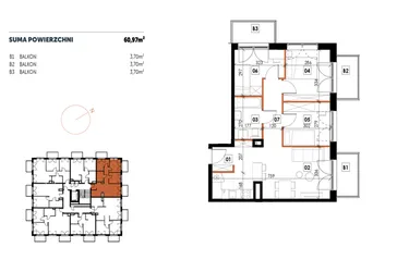 Rzut - Mieszkanie na sprzedaż 4 pokoje o powierzchni 60,97 m² - numer C06 w Osiedle Strefa Komfortu