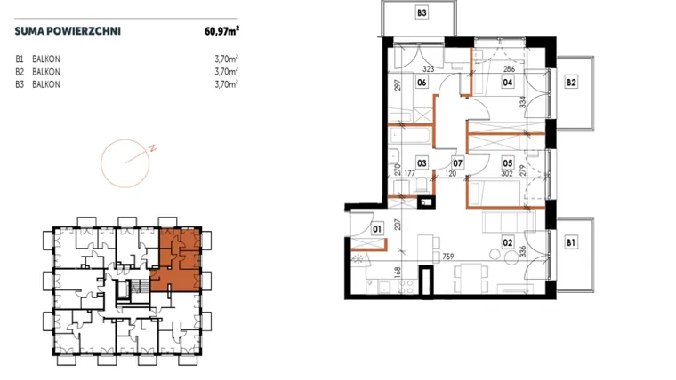 Rzut - Mieszkanie na sprzedaż 4 pokoje o powierzchni 60,97 m² - numer C06 w Osiedle Strefa Komfortu