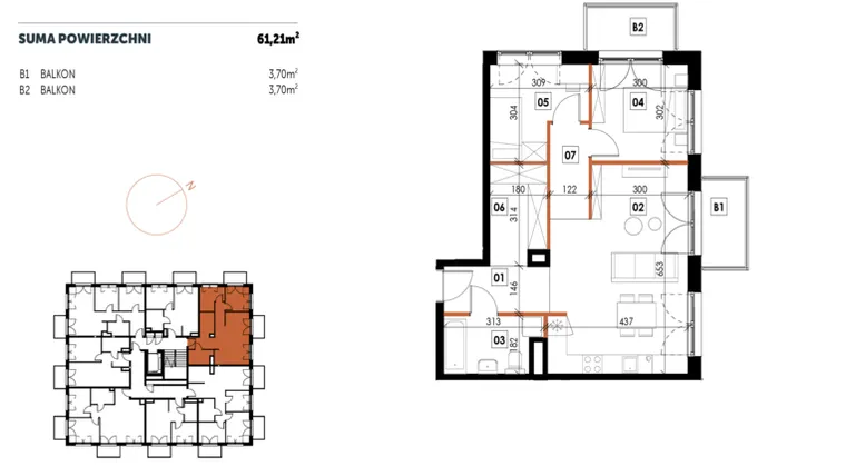 Rzut - Mieszkanie na sprzedaż 3 pokoje o powierzchni 61,21 m² - numer C13 w Osiedle Strefa Komfortu