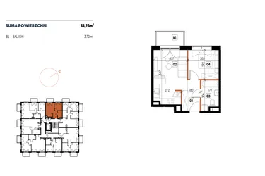 Rzut - Mieszkanie na sprzedaż 2 pokoje o powierzchni 35,75 m² - numer C07 w Osiedle Strefa Komfortu