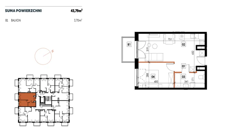 Rzut - Mieszkanie na sprzedaż 2 pokoje o powierzchni 43,78 m² - numer C09 w Osiedle Strefa Komfortu