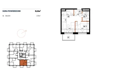Rzut - Mieszkanie na sprzedaż 2 pokoje o powierzchni 31,52 m² - numer C18 w Osiedle Strefa Komfortu