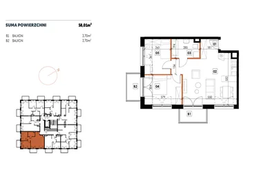 Rzut - Mieszkanie na sprzedaż 3 pokoje o powierzchni 58,02 m² - numer C17 w Osiedle Strefa Komfortu