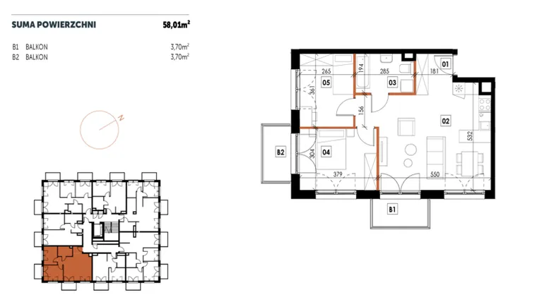 Rzut - Mieszkanie na sprzedaż 3 pokoje o powierzchni 58,02 m² - numer C17 w Osiedle Strefa Komfortu