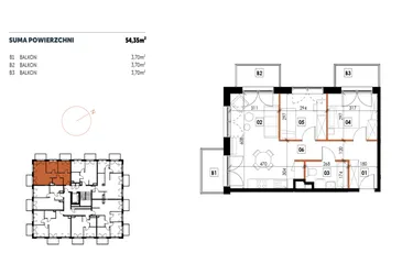 Rzut - Mieszkanie na sprzedaż 3 pokoje o powierzchni 54,36 m² - numer C15 w Osiedle Strefa Komfortu