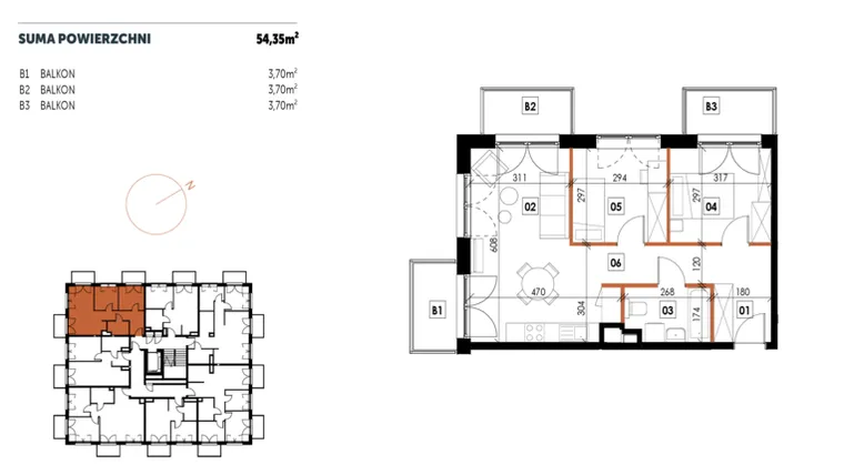 Rzut - Mieszkanie na sprzedaż 3 pokoje o powierzchni 54,36 m² - numer C15 w Osiedle Strefa Komfortu