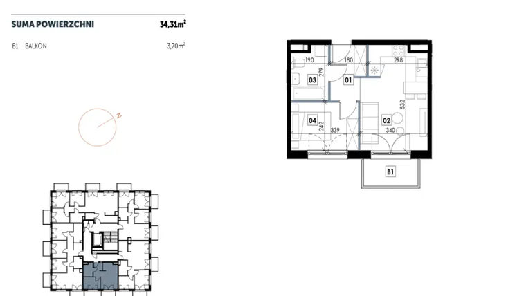Rzut - Mieszkanie na sprzedaż 2 pokoje o powierzchni 34,32 m² - numer D09 w Osiedle Strefa Komfortu