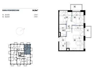 Rzut - Mieszkanie na sprzedaż 3 pokoje o powierzchni 54,61 m² - numer D11 w Osiedle Strefa Komfortu