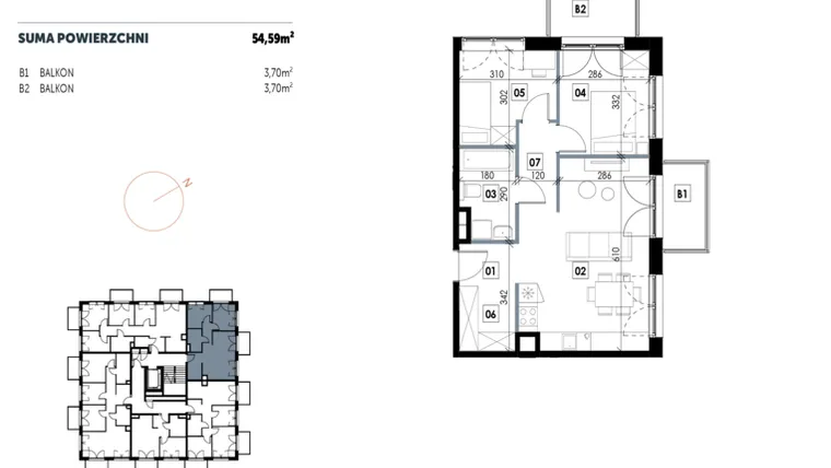Rzut - Mieszkanie na sprzedaż 3 pokoje o powierzchni 54,61 m² - numer D11 w Osiedle Strefa Komfortu
