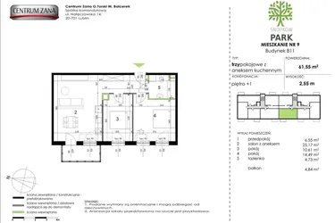 Rzut - Mieszkanie na sprzedaż 3 pokoje o powierzchni 61,55 m² - numer B11_M09 w Snopków Park bud. B11 i B12