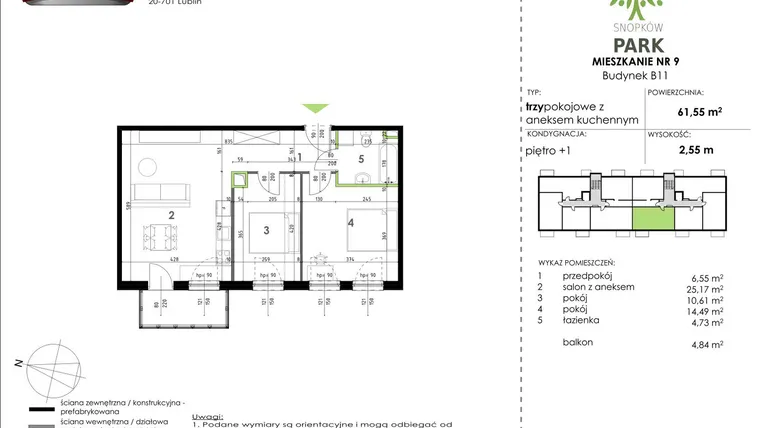 Rzut - Mieszkanie na sprzedaż 3 pokoje o powierzchni 61,55 m² - numer B11_M09 w Snopków Park bud. B11 i B12