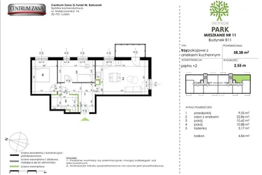 Rzut - Mieszkanie na sprzedaż 3 pokoje o powierzchni 58,38 m² - numer B11_M11 w Snopków Park bud. B11 i B12
