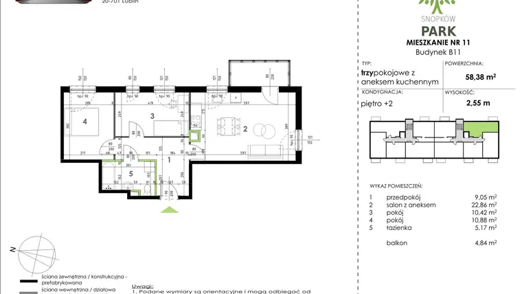 Rzut - Mieszkanie na sprzedaż 3 pokoje o powierzchni 58,38 m² - numer B11_M11 w Snopków Park bud. B11 i B12