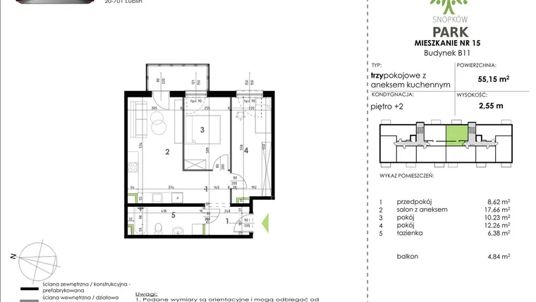 Rzut - Mieszkanie na sprzedaż 3 pokoje o powierzchni 55,15 m² - numer B11_M15 w Snopków Park bud. B11 i B12