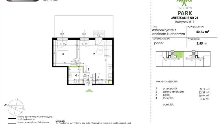 Rzut - Mieszkanie na sprzedaż 2 pokoje o powierzchni 40,86 m² - numer B11_M21 w Snopków Park bud. B11 i B12
