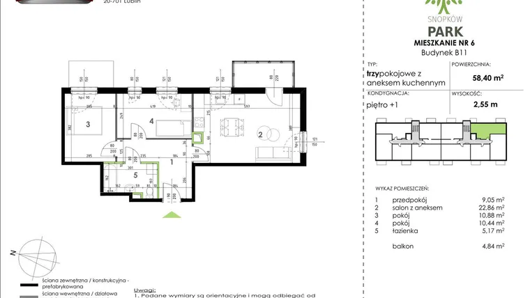 Rzut - Mieszkanie na sprzedaż 3 pokoje o powierzchni 58,4 m² - numer B11_M06 w Snopków Park bud. B11 i B12
