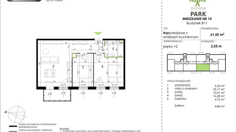 Rzut - Mieszkanie na sprzedaż 3 pokoje o powierzchni 61,55 m² - numer B11_M14 w Snopków Park bud. B11 i B12