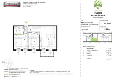 Rzut - Mieszkanie na sprzedaż 3 pokoje o powierzchni 61,55 m² - numer B11_M26 w Snopków Park bud. B11 i B12