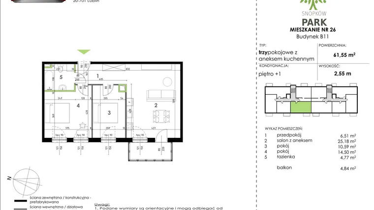 Rzut - Mieszkanie na sprzedaż 3 pokoje o powierzchni 61,55 m² - numer B11_M26 w Snopków Park bud. B11 i B12