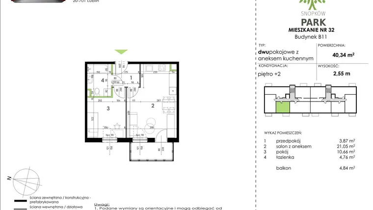 Rzut - Mieszkanie na sprzedaż 2 pokoje o powierzchni 40,34 m² - numer B11_M32 w Snopków Park bud. B11 i B12