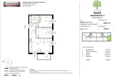 Rzut - Mieszkanie na sprzedaż 3 pokoje o powierzchni 54,81 m² - numer B11_M17 w Snopków Park bud. B11 i B12