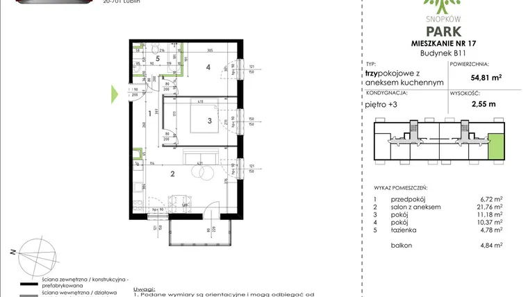 Rzut - Mieszkanie na sprzedaż 3 pokoje o powierzchni 54,81 m² - numer B11_M17 w Snopków Park bud. B11 i B12