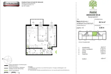 Rzut - Mieszkanie na sprzedaż 3 pokoje o powierzchni 55,16 m² - numer B11_M20 w Snopków Park bud. B11 i B12