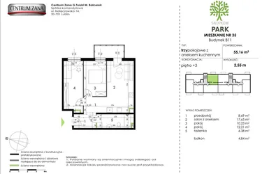 Rzut - Mieszkanie na sprzedaż 3 pokoje o powierzchni 55,16 m² - numer B11_M35 w Snopków Park bud. B11 i B12