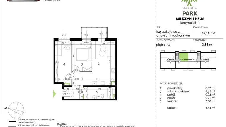 Rzut - Mieszkanie na sprzedaż 3 pokoje o powierzchni 55,16 m² - numer B11_M35 w Snopków Park bud. B11 i B12