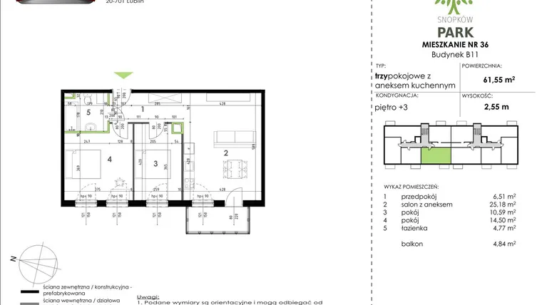 Rzut - Mieszkanie na sprzedaż 3 pokoje o powierzchni 61,55 m² - numer B11_M36 w Snopków Park bud. B11 i B12