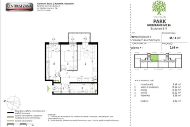 Rzut - Mieszkanie na sprzedaż 3 pokoje o powierzchni 55,16 m² - numer B11_M25 w Snopków Park bud. B11 i B12