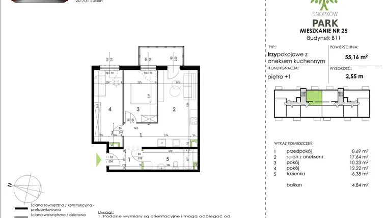Rzut - Mieszkanie na sprzedaż 3 pokoje o powierzchni 55,16 m² - numer B11_M25 w Snopków Park bud. B11 i B12