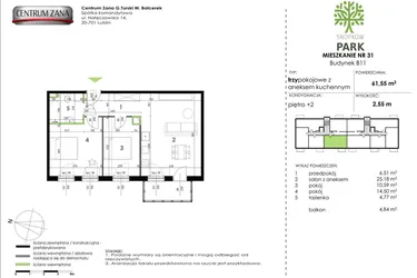 Rzut - Mieszkanie na sprzedaż 3 pokoje o powierzchni 61,55 m² - numer B11_M31 w Snopków Park bud. B11 i B12