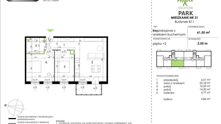 Rzut - Mieszkanie na sprzedaż 3 pokoje o powierzchni 61,55 m² - numer B11_M31 w Snopków Park bud. B11 i B12