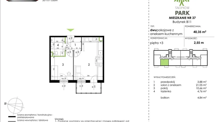 Rzut - Mieszkanie na sprzedaż 2 pokoje o powierzchni 40,35 m² - numer B11_M37 w Snopków Park bud. B11 i B12